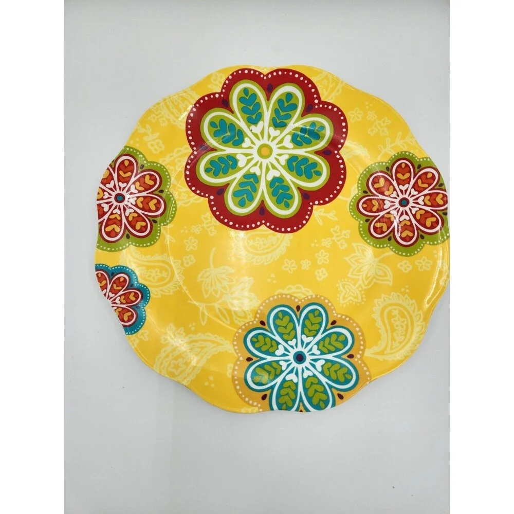 Pier 1 Sunny Floral melamine dinner Plates Set 4 Yellow bright colors flowers‎